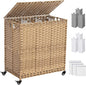 Laundry Hamper with Wheels&Lid, 50.2 Gallons(190L) Rolling Laundry Basket with Wheels, 3-Section Laundry Hamper, Handwoven Rattan Clothes Hamper with 6 Removable Liner& 3 Mesh Laundry Bags, Natural