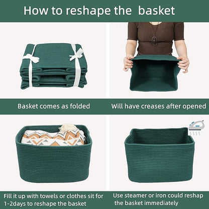 Cotton Rope storage Basket Bins14.5X9.5X9.3“ Basket for Organizing Shelves Rectangle Decorative Baskets For storage Clothes Toys Books Towels Square Wicker Nursery basket organizer 3 pack Dark green