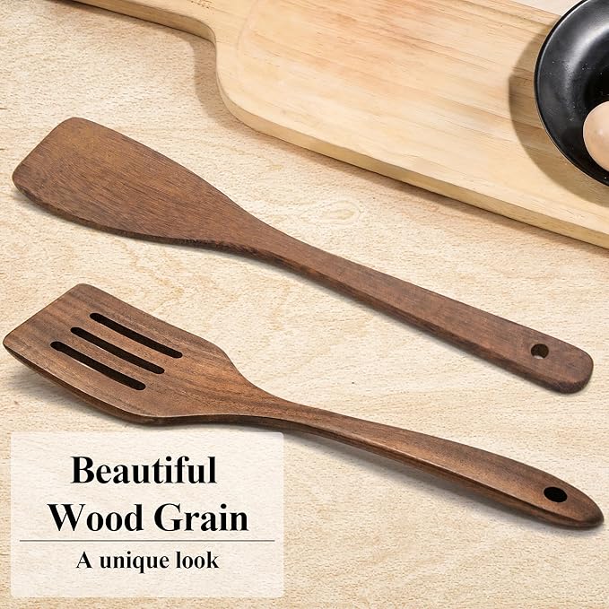 Wooden Spatula Nonstick Turner Acacia Wood, 12" Long Handle Flat Frying Spatulas Handmade for Kitchen Gifts, Ideal Cookware Utensils for Cooking Eggs, Fish, Pancakes, 2 Pack