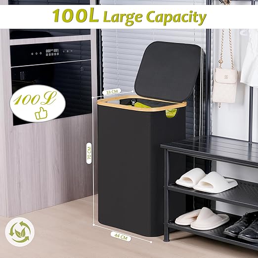 efluky Recycling Bin Holder 100L, 26 Gallon Trash Can with Lid, Garbage Bag Holder for Yellow Bags, Easy Removal, (Inner Bag Not Included) -Black
