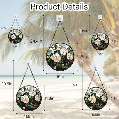Stained Glass Suncatcher, Light Pink Flowers Green Leaf Sun Catcher Plant Stain Glass Window Hanging Decoration Mother's Day Birthday Gifts for Women Men Mom Nana 15 in