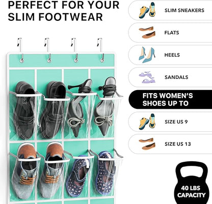 Simple Houseware 24 Pockets - Crystal Clear Over The Door Hanging Shoe Organizer, Turquoise (64'' x 19'')