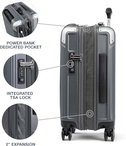 Travelpro Platinum Elite Hardside Expandable Carry on Luggage, 8 Wheel Spinner, TSA Lock, Hard Shell Polycarbonate Suitcase, Vintage Grey, Compact Carry on Laptop Pocket 20-Inch