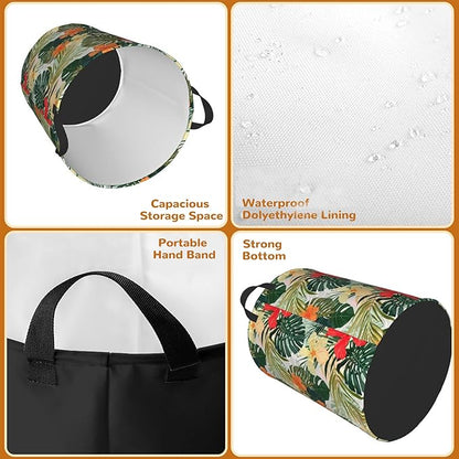 Tropical Palm Leaves Large Storage Basket,Hibiscus Flowers Laundry Hamper/Bathroom/Home Decor/Collapsible Round Storage Bin,Boys Girls Dirty Clothes Hamper/Boxes/Toys Storage 16x20 Inch
