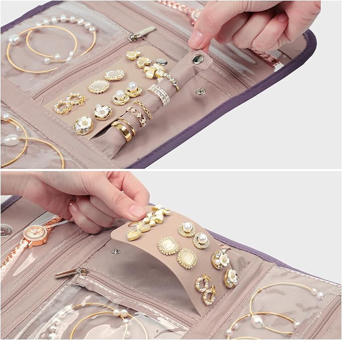 BELALIFE Travel Jewelry Case Organizer, Foldable Storage Roll for Earrings, Necklaces, Rings, Bracelets, Brooches, Purple
