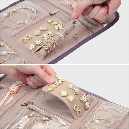 BELALIFE Travel Jewelry Case Organizer, Foldable Storage Roll for Earrings, Necklaces, Rings, Bracelets, Brooches, Purple