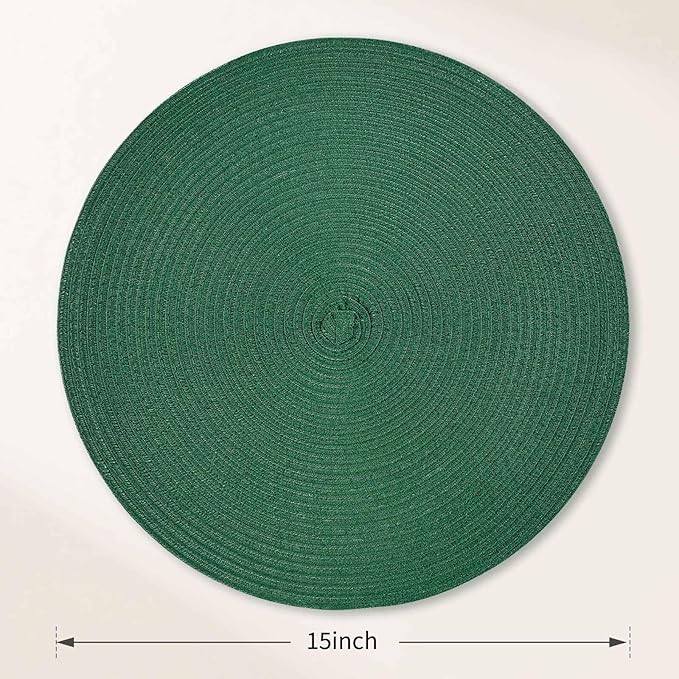 FunWheat Round Braided Placemats Set of 6 Place mats for Dining Tables Woven Heat Resistant Table Mats 15 inch (Dark Green)