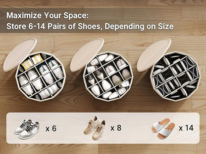 Vailando Shoe Organizer for Closet - Cylindrical Shoe Storage Organizer with Removable Dividers, Rectangular Compartment, Foldable, Beige, 1-Pack
