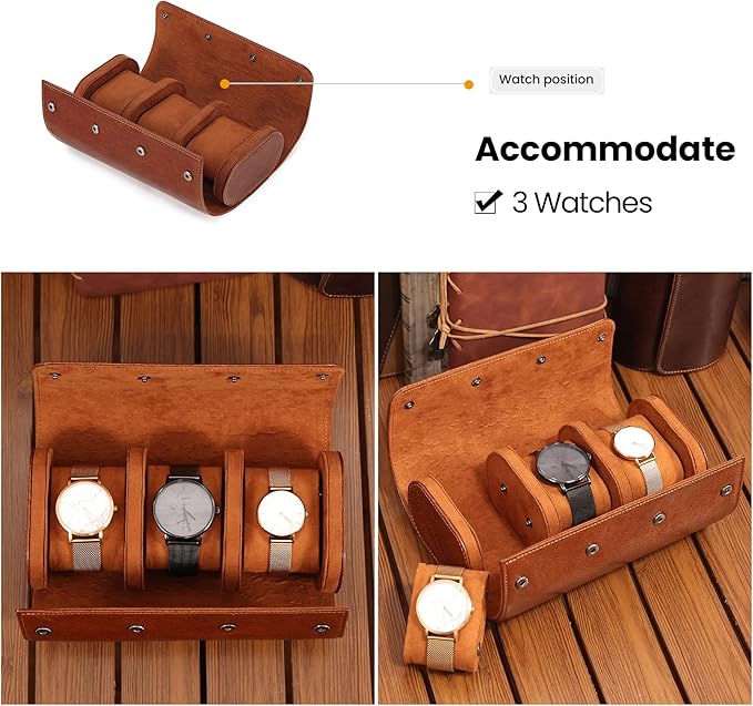 JOYIR Watch Roll for Travel, Genuine Leather Watch Case Organizer with 3 Pillows | Portable Storage & Display Case for Men, Women | Ideal Gift for Father's Day, Birthday, Christmas