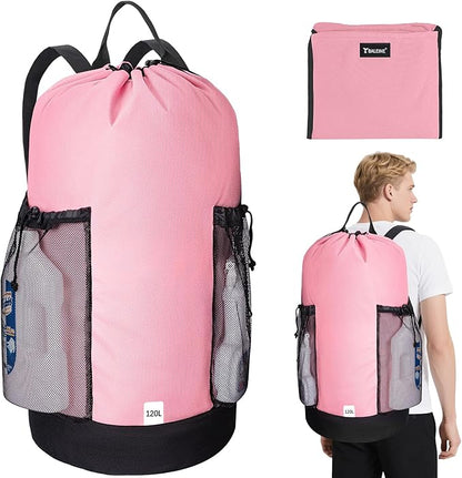 BALEINE 120L Laundry Bag Backpack, 900D Oxford Fabric Large Travel Laundry Bags with Shoulder Straps and 2 Mesh Pockets for College Dorm, Apartment, Laundromat (Pink, 120L)