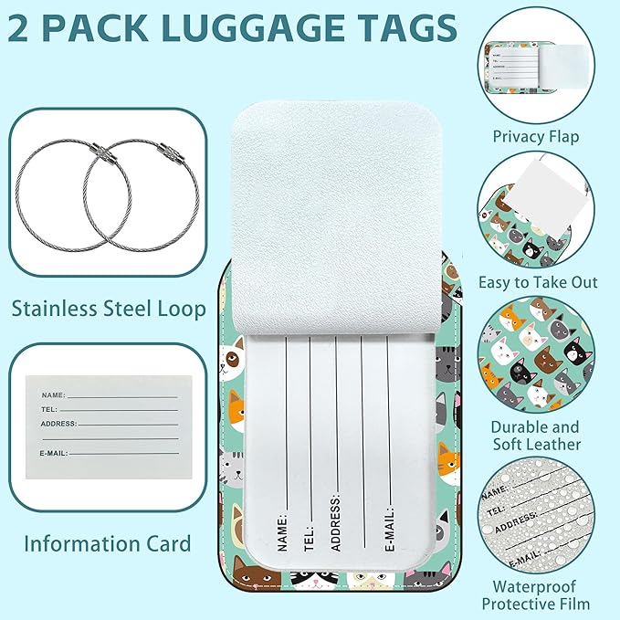 Cute Cat Animal Prints Luggage Tag for Suitcase Set of 2 PU Leather Cute Luggage Tags with Stainless Metal Loop ID Label Privacy Flap Suitcase Tags for Women and Men Travel