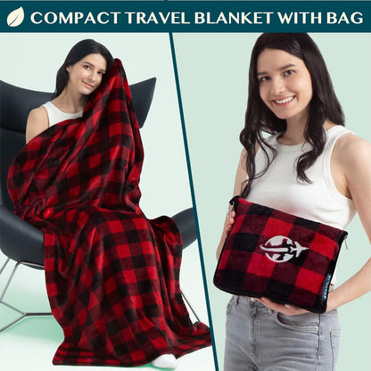 PAVILIA Travel Blanket and Pillow, Arms Opening Airplane Blankets for Adults, Compact Plane Blanket with Arm Hole 2-in-1 Bag for Flight Car Camping Luggage Backpack Traveler Gift, Checkered Red