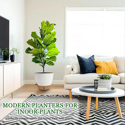 2 Pack 10 inch Plant Pots, Plastic Self Watering Planters with Drainage Holes, Deep Reservoir, Water Level Indicator, Modern Decorative Flower Pots for Indoor Outdoor Plants (White, 10 inch)