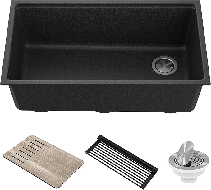 KRAUS Bellucci 32” in. Undermount Workstation Granite Kitchen Sink in Metallic Black with Accessories, KGUW2-33MBL