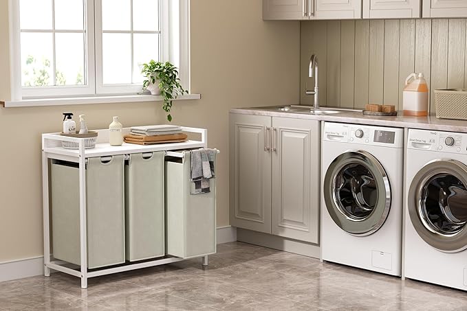 Laundry Hamper with Shelf, Laundry Basket 3 Section, Laundry Sorter with Pull-Out Removable Large Bags and Movable Wheels, Metal Frame, 3 x 15.87 Gallons (60L), White PF04XLW