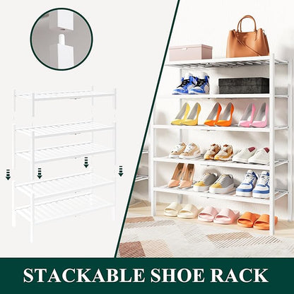 Smiry Shoe Rack, 6 Tier Thick Bamboo Shoe Organizer, Stackable Free Standing Wooden Shoe Storage Shelf for Closet, Entryway, Front Door Entrance, White