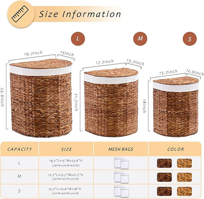Water Hyacinth Laundry Hamper with lid, Half Moon Shape with 2 Removable Cloth Bags, Handwoven Boho Wicker Basket for Laundry Organization, Espresso