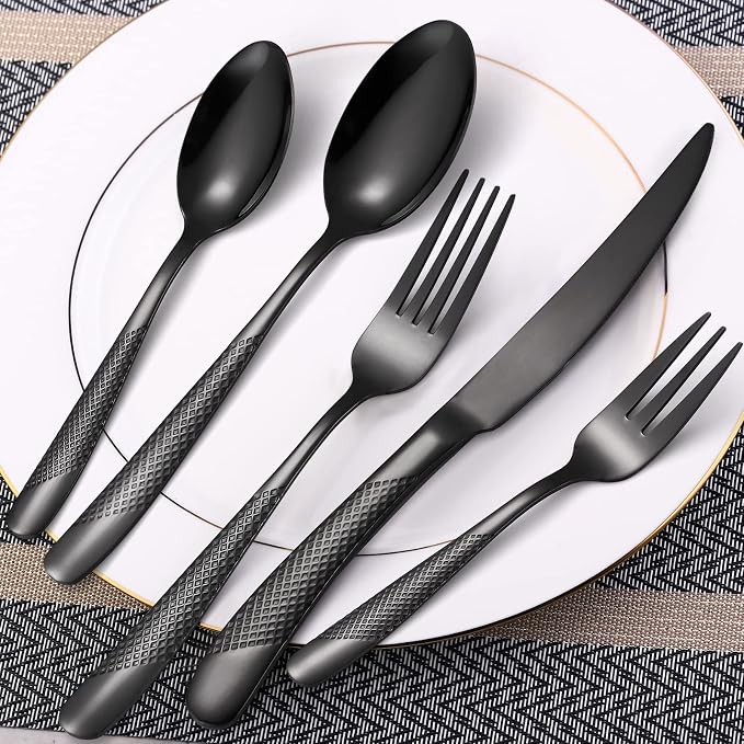 20-Piece Modern Black Hammered Silverware Set, 18/10 Stainless Steel Flatware