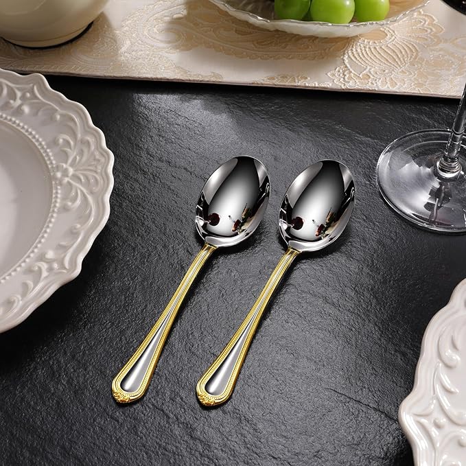 KEAWELL Pearl Edge 4-Piece Premium Spoon Set, 18/10 Stainless Steel, Fine Silverware Spoons with Refined Bead Design, Brightly Polished, Dishwasher Safe (Gold Accent, 6.3" Condiment Spoons)