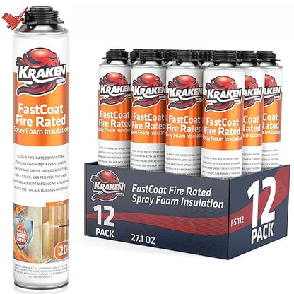 Kraken Bond Fastcoat Fire Rated Spray Foam Insulation Kit Closed Cell in a Can 240 sq ft (12x27.1 oz.)(R-Value 11.32 / 2in)- Spray Foam for Garage Door, Attic, Wall Gun & Cleaner Not Included, 12 Pack