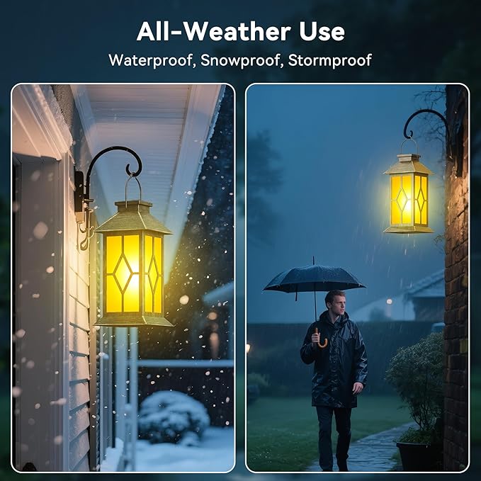 2Pack Patina 13" Metal & Glass Solar Lantern with Flickering Flame, Outdoor Waterproof Hanging Lantern for Garden Patio Yard Pathway Porch Decorative, Vintage Gifts for Mom