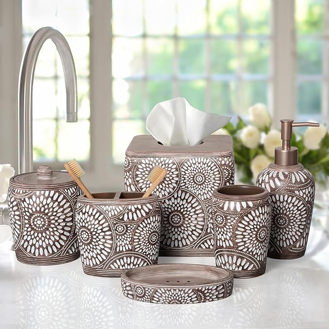 6-Piece Bathroom Accessories Set – Soap Dispenser, Toothbrush Holder, Tumbler, Soap Dish, Cotton Swab Jar & Toilet Brush – Modern Bathroom Decor Set (Ciccone)