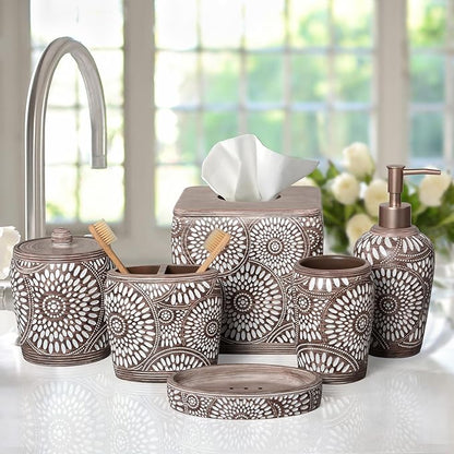 6-Piece Bathroom Accessories Set – Soap Dispenser, Toothbrush Holder, Tumbler, Soap Dish, Cotton Swab Jar & Toilet Brush – Modern Bathroom Decor Set (Ciccone)