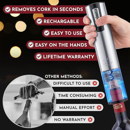 Zulay Kitchen Electric Wine Opener With Charging Base - 3-In-1 Automatic Wine Bottle Opener & Foil Cutter - Rechargeable Wine Opener Electric For Smooth & Fast Uncorking