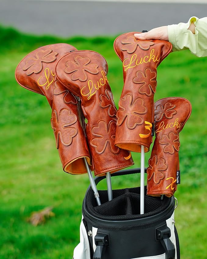 Golf Headcovers Golf Club Head Covers Four Leaf Clover Good Luck Charm - Clover Style Premium Leather Driver Fairway(FW) Wood Hybrid(UT) with Number Tags
