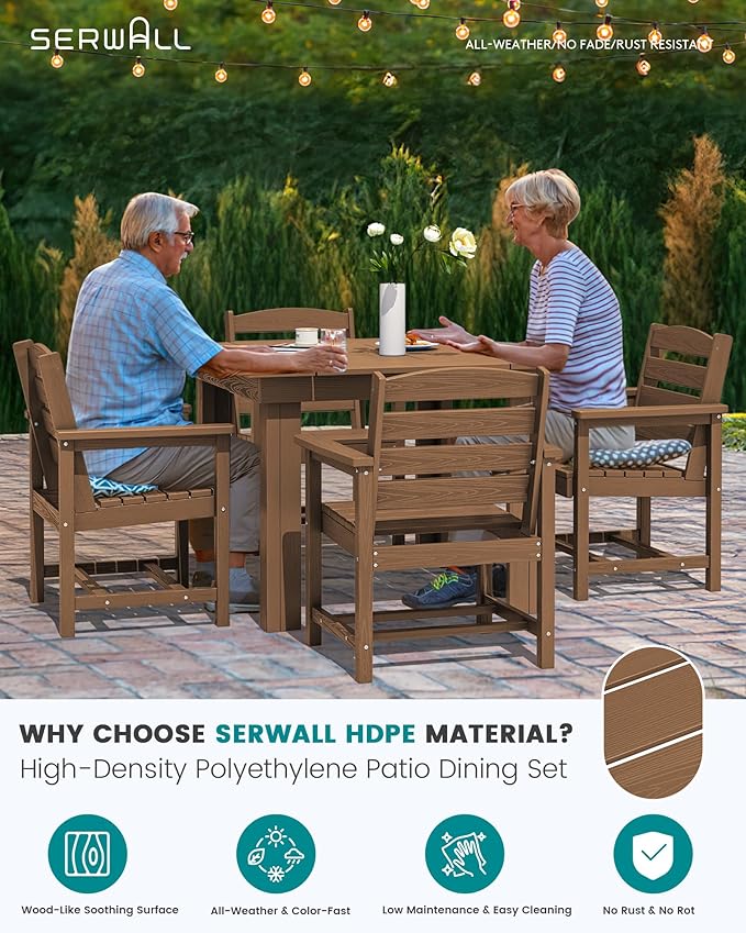 SERWALL Outdoor Dining Set for 4, HDPE Square Table and Chairs Set All Weather
