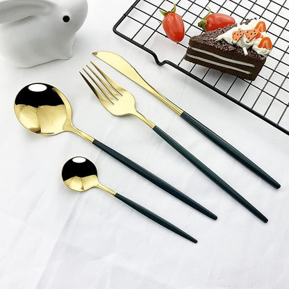 JASHII Flatware Serving Set 24 Piece, Stainless Steel Silverware Set, Green Gold Cutlery Set, Modern Elegant Tableware Set for Party, Christmas, Dinner (Green Gold)