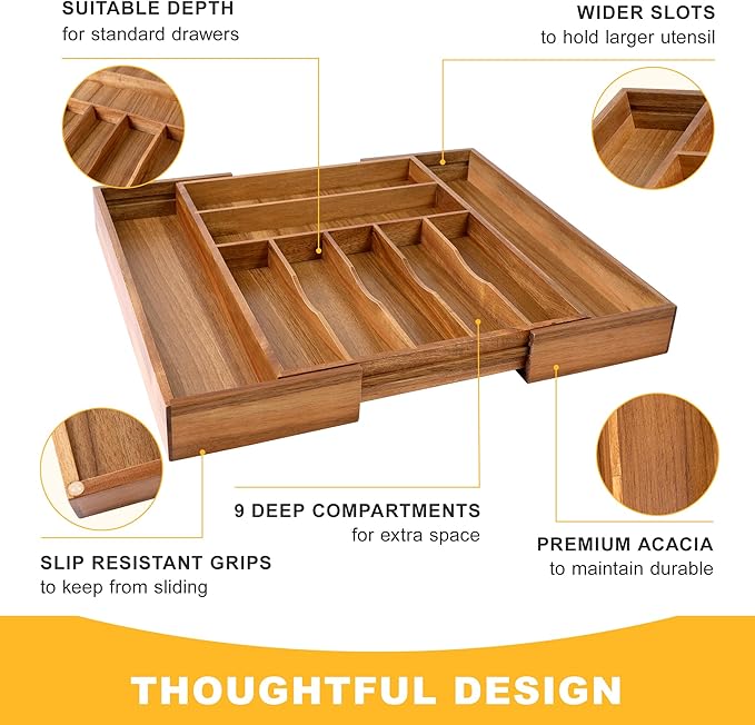 Large Premium Acacia Silverware Organizer - Expandable Drawer Organizer & Utensil Organizer - 17"x19.7" Cutlery Tray with Dividers for Kitchen Utensils and Flatware (7-9 Slots) Acacia