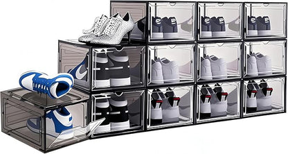 8 Pack Shoes Box Display Case Thicken Shoe Organizer Stackable Boxes for Closet Space-Saving Shoe Rack, Size 13, Black