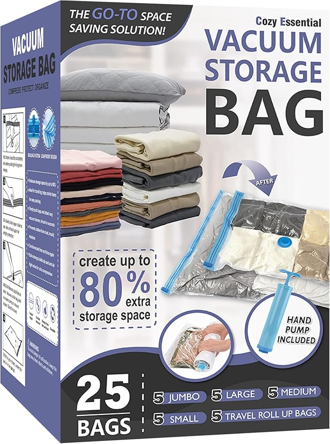 25 Pack Vacuum Storage Bags, Space Saver Vacuum Storage Bags, Vacuum Seal Bags for Clothing, Clothes, Comforters and Blankets, Hand Pump Included