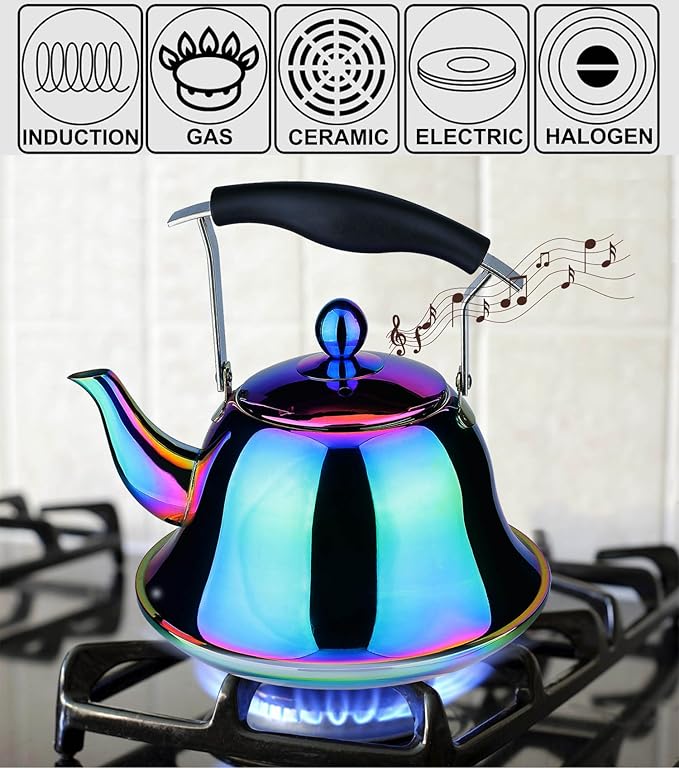 Whistling Tea Kettle Stainless Steel Stovetop Teakettle with Infuser Sturdy Teapot for Tea Coffee Fast Boiling Color Rainbow Mirror Finish 2 Liter / 2 Quart