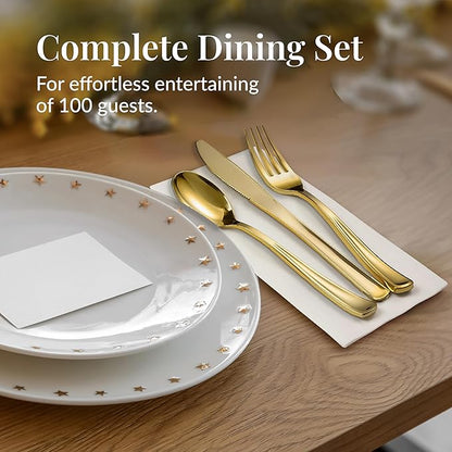 Prestee 400 Piece Pre Rolled Gold Plastic Silverware Set for 100 Guests - Disposable Silverware Set with Napkins for Weddings and Events - Wrapped Forks, Spoons and Knives with Elegant Gold Finish