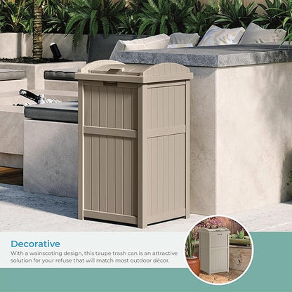 Suncast 33 Gallon Hideaway Trash Can for Patio - Resin Outdoor Trash with Lid - Use in Backyard, Deck, or Patio - Taupe