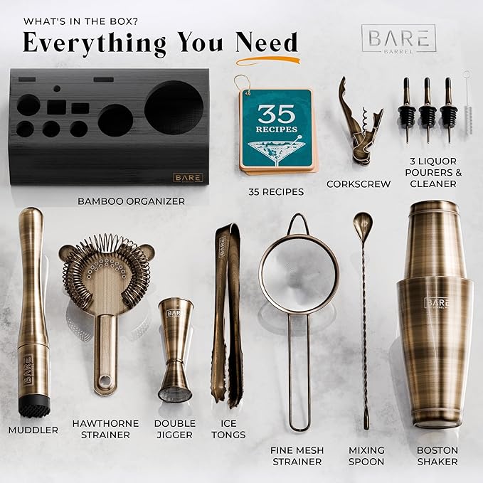 BARE BARREL® Mixology Bartender Kit Bar Set | 14-Piece Cocktail Shaker Set | Martini Barware Mixing Tools for Home Bartending | Incl. 35 Recipe Cards | Gift Set (28oz Boston Shaker, Brass/Black)