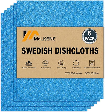 Swedish Dishcloths for Kitchen | 6 Pack Absorbent Cellulose Sponge Cloths Washable | Non-Scratch Reusable Paper Towels Quick Drying Cleaning Cloths - Blue