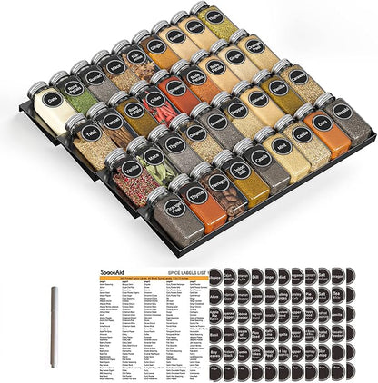 SpaceAid Spice Drawer Organizer with 36 Spice Jars, 386 Spice Labels, 4 Tier Seasoning Rack Tray Insert for Kitchen Drawers, 16.75" Wide x 17.5" Deep