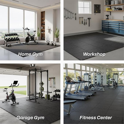 AIRHOP 0.56in Thick 96 Sq Ft Exercise Equipment Mats, 24Tiles Upgraded Rubber Top with High Density EVA Foam, Large Interlocking Puzzle Gym Flooring for Home Gym, Heavy Weight Workout, Black & Blue