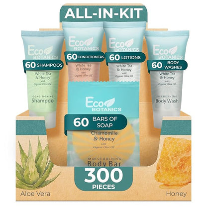 Terra Pure Eco Botanics Hotel Soaps & Toiletries Bulk Set | 0.85oz Hotel Shampoo & Conditioner, Body Wash, Body Lotion & Bar Soap Travel Size | 300 Pieces