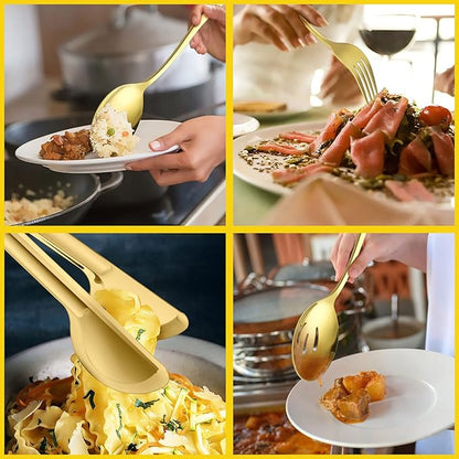 Large Gold Serving Utensils Set of 12, E-far Stainless Steel 9.8 Inch Serving Spoons Slotted Spoon, 9.9 Inch Forks, 9.4 Inch Tong for Buffet Catering, Mirror Finish & Dishwasher Safe