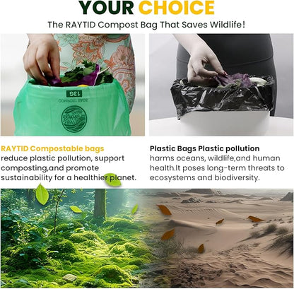 RAYTID 13 + Gallon Compostable Trash Bags,70 Count, Extra Thick 1.1 Mil, Tall Kitchen Food Scrap Waste Bag, ASTM D6400, US BPI and OK Compost HOME Certified