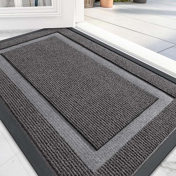 OLANLY Front Door Mat Indoor Outdoor Entrance, Waterproof All-Season, All-Weather Doormat, Sturdy Natural Rubber, Fade Resistant, Low Profile, Easy Clean Patio Porch Entryway Mat, 59x35, Dark Grey