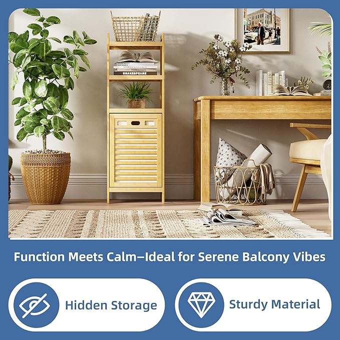 HITNET Tilt Out Laundry Hamper, Bamboo Laundry Basket with Foldable Bag and 3 Open Shelves, Freestanding Clothes Storage Organizer for Bedroom, Bathroom, Living Room, Natural