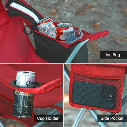 Camping Folding Chair Outdoor Lawn Portable Lightweight Camp Folding Chairs for Adult Outside with Cup Holder, Cooler Pouch & Side Pocket for Camping, Beach, Fishing, Sports or Tailgating Events