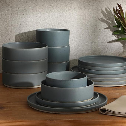 Gibson Elite Tatum Premium Porcelain Matte Reactive Glaze 16-Piece (Service for 4) Plates and Bolws Stackable Dishes Ceramic Dinnerware - Blue