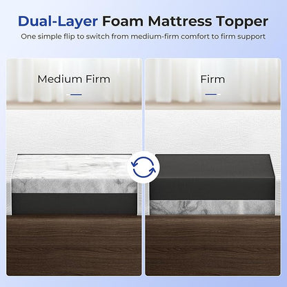 Cooling Mattress Topper King Size 3 Inch, Cooling Gel & Bamboo Charcoal Memory Foam Mattress Topper for Back Pain Relief, Firm Dual-Layer Foam Bed Pad with Removable Cover