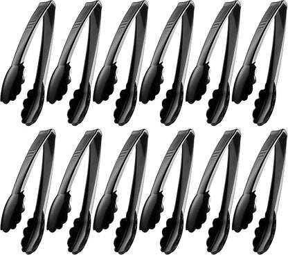 Plastic Tongs for Serving (Pack of 12) 9 Inch - Heavy-Duty Hard Plastic Reusable or Disposable Serving Tongs for Catering, Dinner Parties, Banquets, Buffets, Events, Weddings and Everyday Use, Black